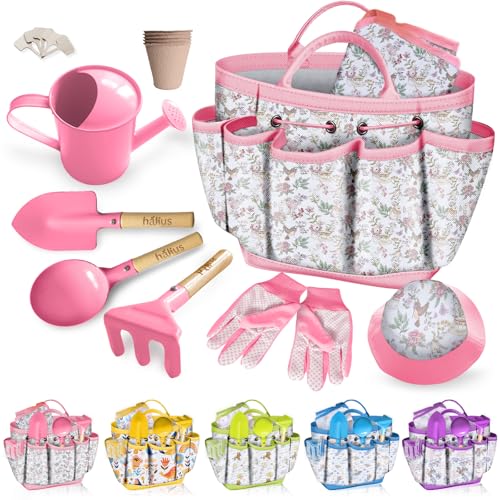 Kids Gardening Tool Set 18PCS Outdoor Toys Tote Bag Watering Can Apron Pink - color: Pink