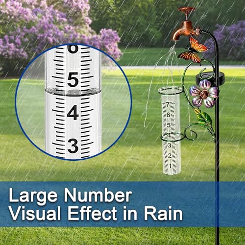 37in Solar Butterfly Rain Gauge Copper Faucet Metal Garden Stake Decor - color: Bronze Faucet