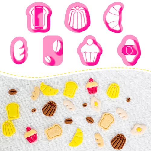 Xaekicr Breakfast Food Polymer Clay Cutters Set – 7pcs Bread Cupcake Egg Coffee Designs Clay Cutters for Polymer Clay Jewelry Making – Cute Clay Molds and Clay Tools for Mini Food Earrings - color: B color