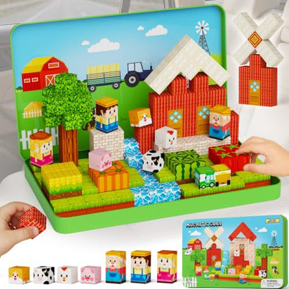 Magnetic Cubes Farm Travel for Kids: Hold 15 Blocks, 60s Storage - size: Farm Animals Large - 100PCS