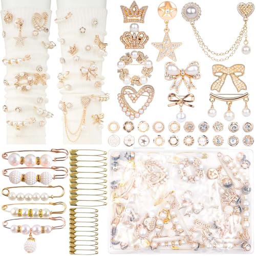 DoDoBeads 60 Pcs Junk Socks Charms Kit, Gold Brooches and Pins for Women, Pearl and Rhinestone Sock Charms with Safety Pins, DIY Accessories for Decorating and Personalizing Socks - style: Golden Hour