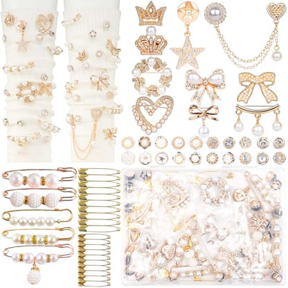 DoDoBeads 60 Pcs Junk Socks Charms Kit, Gold Brooches and Pins for Women, Pearl and Rhinestone Sock Charms with Safety Pins, DIY Accessories for Decorating and Personalizing Socks - style: Golden Hour