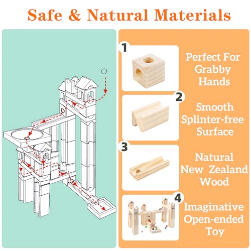 Wooden Marble Run for Kids Ages 4-8, 60 Pieces Wood Building Blocks Toys and Construction Play Set, Marble Track Maze Game STEM Learning Toys Gifts for Boys Girls - color: 60 Pcs