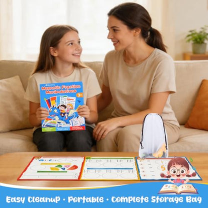 Meetory Magnetic Fraction Playbook - Magnetic Fraction Demonstration Book, Montessori Math Manipulatives Kit, Homeschool Classroom Fraction Puzzles and Games - color: Three-fold Pterosaur + Cards