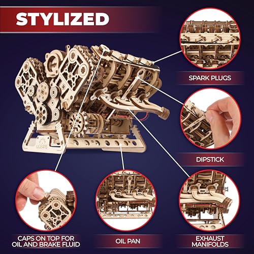 UGEARS V8 Engine Wooden Model Kits for Adults to Build – 3D Wooden Puzzles for Adults Mechanical Model Building – DIY Kit Functional Model Engine Kits Replica with Electric Motor - 776 Pcs