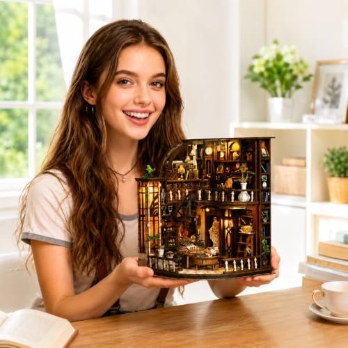 Book Nook Kit-DIY Miniature House for Adult and Teen Beginners, 3D Wooden Library Dollhouse with LED Light, Bookshelf Decor (Basque Study)