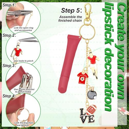 VioraWhite 213 Pcs Sports Theme Keychain Making Kit Ball Bag Charm Kit Lip Gloss Keychain 100 Football Volleyball Table Tennis Basketball Baseball Charms 32.81 ft Gold Chains for DIY Crafts Women - style: Sports Theme