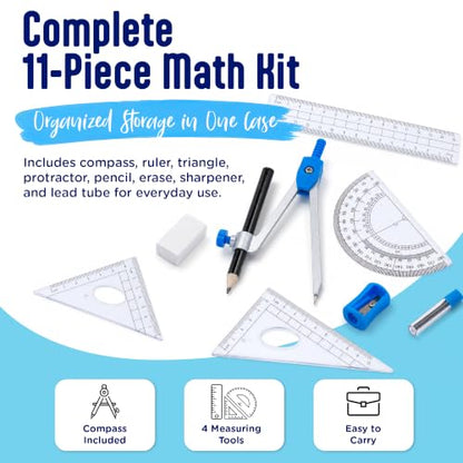 Pointer Math Set 11-Pieces Geometry Kit – Includes Compass, Ruler, Protractor & More – 1 Random Pastel Color from 4 Options – Back-to-School Geometry Kit for Students