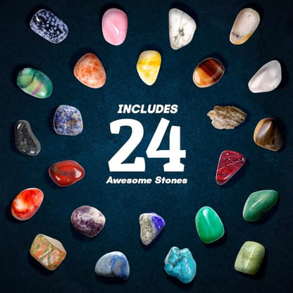 Rocks Collection 24 PCS Rock and Mineral Education Set Gemstones for Kids Geology Gem Kit with Tiger’s Eye Rose Quartz Red Jasper and More Identification Guide STEM Science Education - style: 24 Pieces