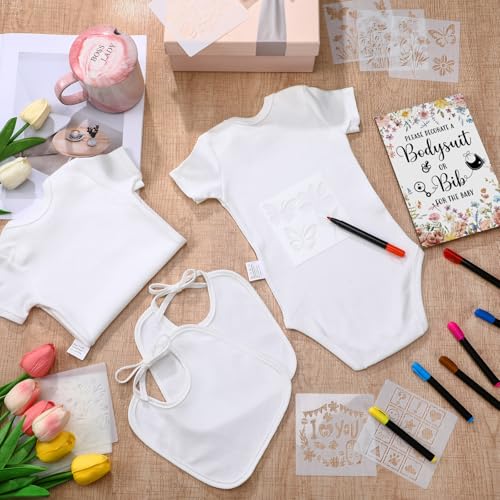 Chuarry 43 Pcs DIY Bibs Decorating Kit 8 Bodysuits 8 Pcs 2 Ply White Bibs 10 Fabric Markers 16 Stencils Baby Shower Sign(Wildflower) - style: Wildflower