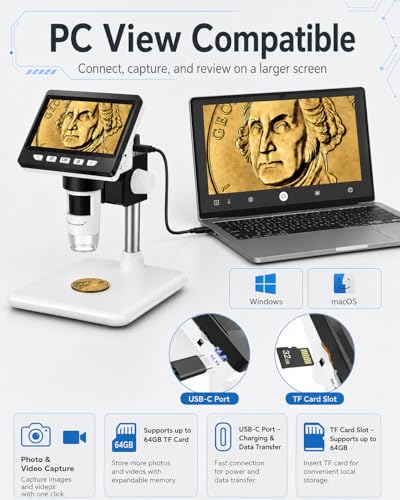 Digital Coin Microscope 1000X, 4.3" LCD Coin Magnifier with Screen for Error Coins, 1080P USB Microscope with 8 Adjustable LED Lights, Photo & Video, Built-in Storage, Compatible with Windows/MacOS - color: White