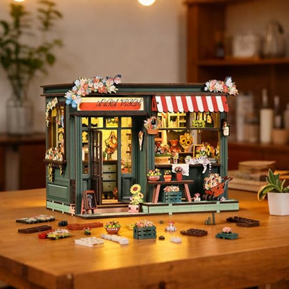 DIY Miniature House Kit for Adults & Teens, Flower Shop Scene Mini House Decor with Touch Switch Light, 3D Wooden Puzzle Gift for Book Lovers & DIY Fans (Aura Verde) - style: Aura Verde