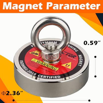 MUTUACTOR Magnet Fishing Kit,Φ2.36''Heavy Duty Neodymium N52 Magnet with 20m(64 Foot) Durable Rope,500lbs Pulling Force Permanent Strong Rare Earth Magnets for Lifting Objects Hunting Lost Treasures - style: 500lb Magnet--Φ 2.36"