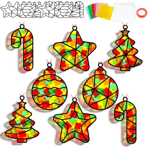QOUBAI 32 Sets Christmas Theme Suncatchers Craft Kit DIY Window Stained Glass Effect Christmas Theme Paper Crafts Home School Classroom Decoration Kid Birthday Gift Creative Art Project Activity Game - style: Christmas