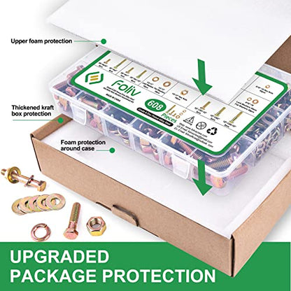 FOLIV 608pcs Grade 8 Bolts and Nuts Assortment Kit, 1/4-20, 5/16-18, 3/8-16, 1/2-13 Heavy Duty Hex SAE Bolts Nuts Washers Assortment Kit - size: 608PCS M6, M8, M10, M12