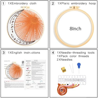 Crafmanoe Hand Embroidery Kits for Beginners Adults, Sun Moon Embroidery Starter Kits, Stamped Cross Stitch Kits DIY Needlepoint Kit for Beginners Adults, Embroidery Hoop, Thread and Video Tutorial - color: H2078