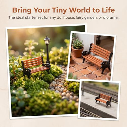1:24 Scale Miniature Bench Set of 3 with Street Lamp, Realistic Brown Park Seats for Micro Landscape Decor, Train Platform Scene, Collectible Miniature Furniture & Model Accessories