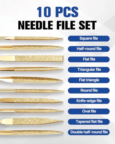 10 Pcs Needle File Set, Diamond Needle Files 4x160mm, Gold - color: Gold