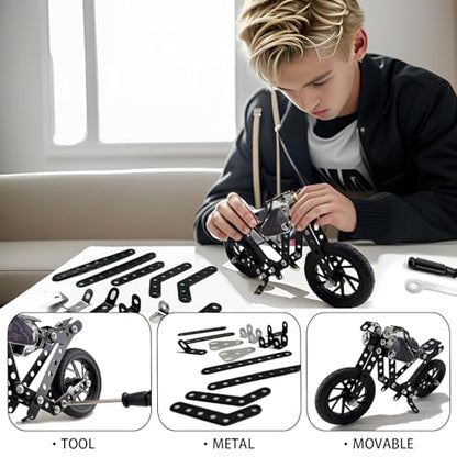 Metal Model Motorcycle Kits - 117 Pcs Erector Sets for Boys Age 8-12, Motobike Building Toys, STEM Kits for Kids Age 8-10, Assembly Car Project for 14 and Up, Gifts for 15 16 Year Old Boys and Adults - style: model motorcycle
