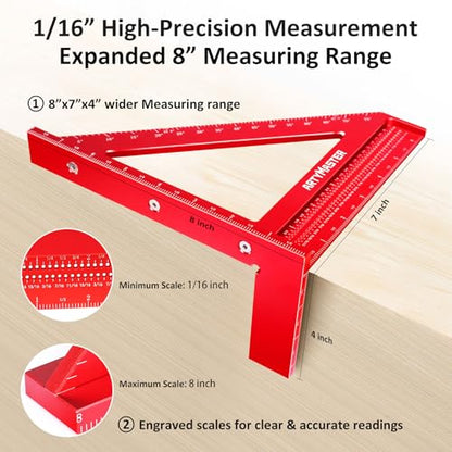 8 inch 3D Multi-Angle Measuring Square Ruler, WT103B High Precision Hole Scribing Woodworking Tools, 0-90° Aluminum Alloy Carpenter Square Wood Working Tools, Carpenter Pencils 6 Refills. - color: 8 inch Square+Pencil, style: Imperial
