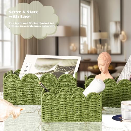 Scalloped Wicker Basket Set of 3, Hand-Woven Storage with Handles - color: Greem