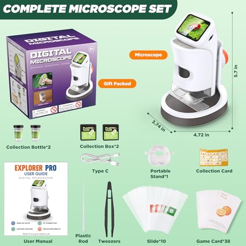 Uarzt Kids Digital Microscope 1000X 2.0 IPS Screen with Slides, White - color: White
