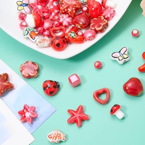 Red Ceramic Beads for Jewelry Making, 50Pcs - color: Red