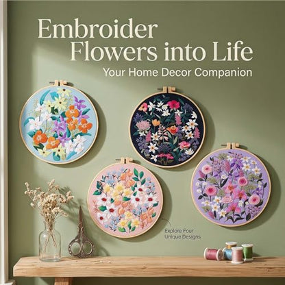 Harimau Adult Beginner Embroidery Starter Kit, Complete Set with 4 Patterns, 2 Hoops, Needles, Scissors, Instruction Guide & Stitching Video Tutorials - color: Floral1 pattern