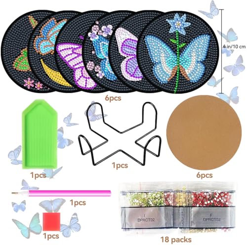 Vcekract 6 Pcs Butterfly Diamond Art Coasters Kit for Adults - color: Butterfly Coasters