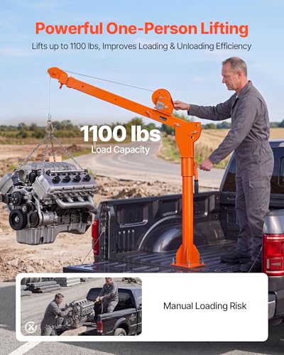 VEVOR Truck Crane, 1100 lbs Manual Pickup Truck Crane with Hand Winch, 360° Rotating Telescopic Boom, Premium Galvanized Steel, Foldable Pickup Bed Jib for Machine Lumber Attic Heavy Load Lifting