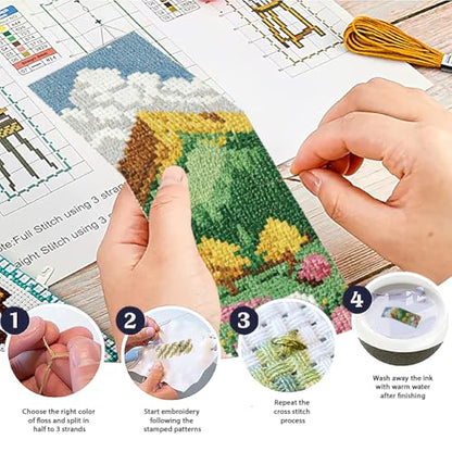 ACRNIGHEET 6PCS Cross Stitch Bookmark Kit for Beginner Stamped Cross Stitch Kits for Adults Mountain Fields DIY Embroidery Bookmark Kits Needlepoint Kit with Instructions Craft Gift 8.5''x3'' 11CT - style: Landscape Patterns 4