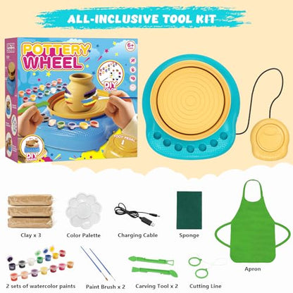 Pottery Wheel for Kids with Air Dry Clay Kit, 12 Paints & Tools, Ages 6-12 - color: yellow/cyan