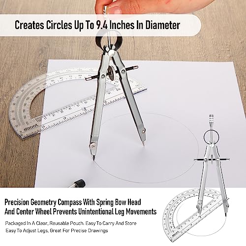 EBOOT Math Geometry Set Metal Compass 6" Clear Protractor, Silver - color: Silver