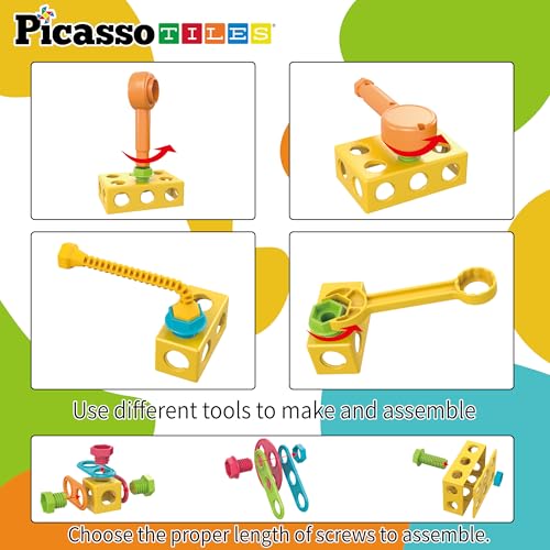 PicassoTiles 115 Piece Building Blocks Set Kids STEM Toy Construction Engineering Sensory Toys Kit Block Children Early Education Playset with FREE IdeaBook, Clickable Ratchet Age 3+ Boys Girls PTN115 - color: 115pcs Transformation