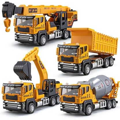 4 Packs Metal Construction Trucks Playsets, Mini Friction Powered Engineering Vehicle, Crane, Excavator, Cement Mixer, Dump Truck Toys for Boys 3-5 Years Old, Die-Cast Trucks for Toddlers Kid - style: Construction Trucks Set