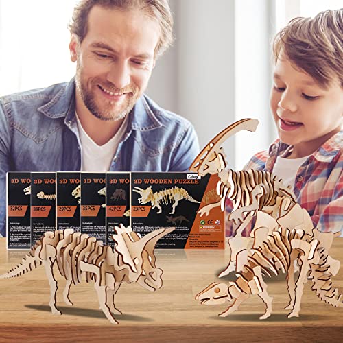 calary 3D Wooden Puzzle Simulation Animal Dinosaur Assembly DIY Model Toy for Kids and Adults,Set of 6 - style: A-Dinosaur Assembly