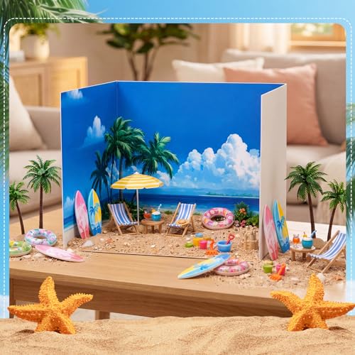 AmazingSpark 2 Set Summer Beach Diorama Box and Sand Sticker Decor, Seaside Diorama Project Supplies Set, Ocean Cardboard Display Case Kit & Waves Sticker with Double Sided Tapes for DIY Crafts - style: Beach