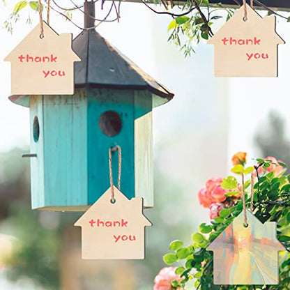 House Shape Hanging Wood House Unfinished Wood with Twines DIY Craft Ornament for Christmas Wedding Birthday Thanksgiving Party Decoration 20Pack
