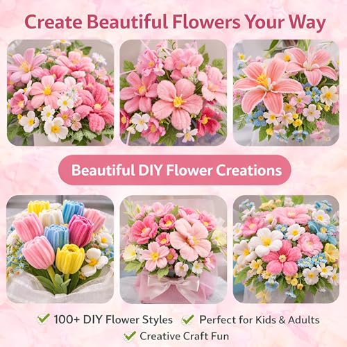 Party Rose 650PCS Pipe Cleaners Craft, Pipe Cleaner Bulk Flower Kit, 6 Colors Chenille Stems Flower Making Kit with Floral Wires, Gardening Tape, Stamens
