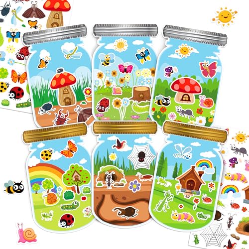 LINAYE 24 Sheets Insect Stickers with Jar Scenes, Make Your Own Bug Jar Stickers, Spring Crafts Activities for Kids Spring Party Decorations Supplies for Kids - style: Bugs Jar 24 Sheets