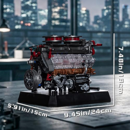 Engine Building Kit for Adults, 1236-Piece Mechanical Engine Model Building Set with Transparent Hood, Turbocharger Details and Display Base, Collectible Engine Model Kit for Adults & Teens 14+