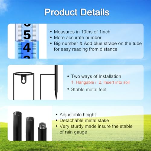 Rain Gauge Outdoor Upgraded, Accurate Freeze Proof Thickened Rain Gauges Outdoors Best Rated, Large Clear Numbers and Adjustable Height Rain Measuring Tool for Garden, Yard, Lawn, Patio, and Farm Use