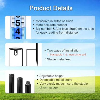 Rain Gauge Outdoor Upgraded, Accurate Freeze Proof Thickened Rain Gauges Outdoors Best Rated, Large Clear Numbers and Adjustable Height Rain Measuring Tool for Garden, Yard, Lawn, Patio, and Farm Use