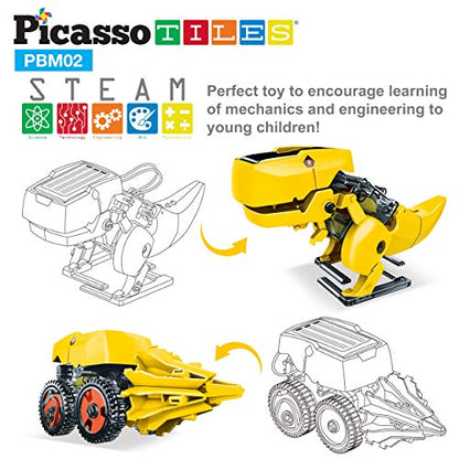 PicassoTiles Dinosaur Robot Solar Powered STEM Unique Transformation Renewable Sun Energy Educational Learning Engineering Building Toy 3-in-1 Science Experiment Kit Model Boys Girls Ages 8+ - color: 3-in-1 Transformation