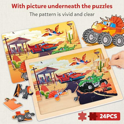 SYNARRY Large Wooden Monster Truck Puzzles for Kids Ages 4-6, Kids Gifts - style: Vehicle
