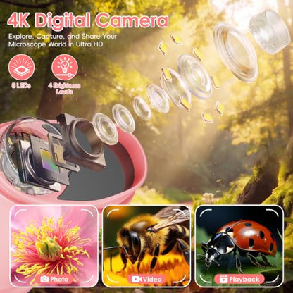 4K 1000X Handheld Digital Microscope for Kids with 2.0" IPS Screen(Pink) - color: Pink