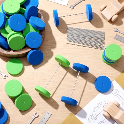 Blueweenly 100 Pcs Foam Wheels Set with 50 Metal Rods DIY Toy Wheel Model