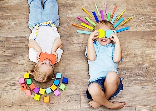 LOVEVERY | The Block Set | Solid Wood Building Blocks and Shapes + Wooden Storage Box, 70 Pieces, 18 Colors, 20+ Activities, Toddler Block Set and Converts into a Pull Car, Ages 12 to 48+ months