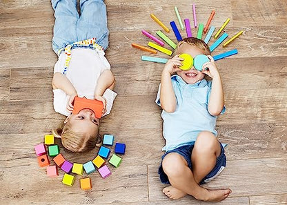 LOVEVERY | The Block Set | Solid Wood Building Blocks and Shapes + Wooden Storage Box, 70 Pieces, 18 Colors, 20+ Activities, Toddler Block Set and Converts into a Pull Car, Ages 12 to 48+ months