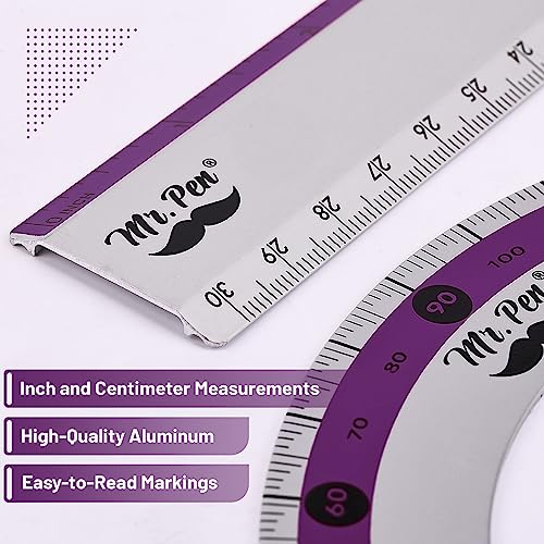 Mr. Pen- Metal Geometry Kit, 4 Pack, 45° & 30°/60° Set Squares - color: Purple Stripes